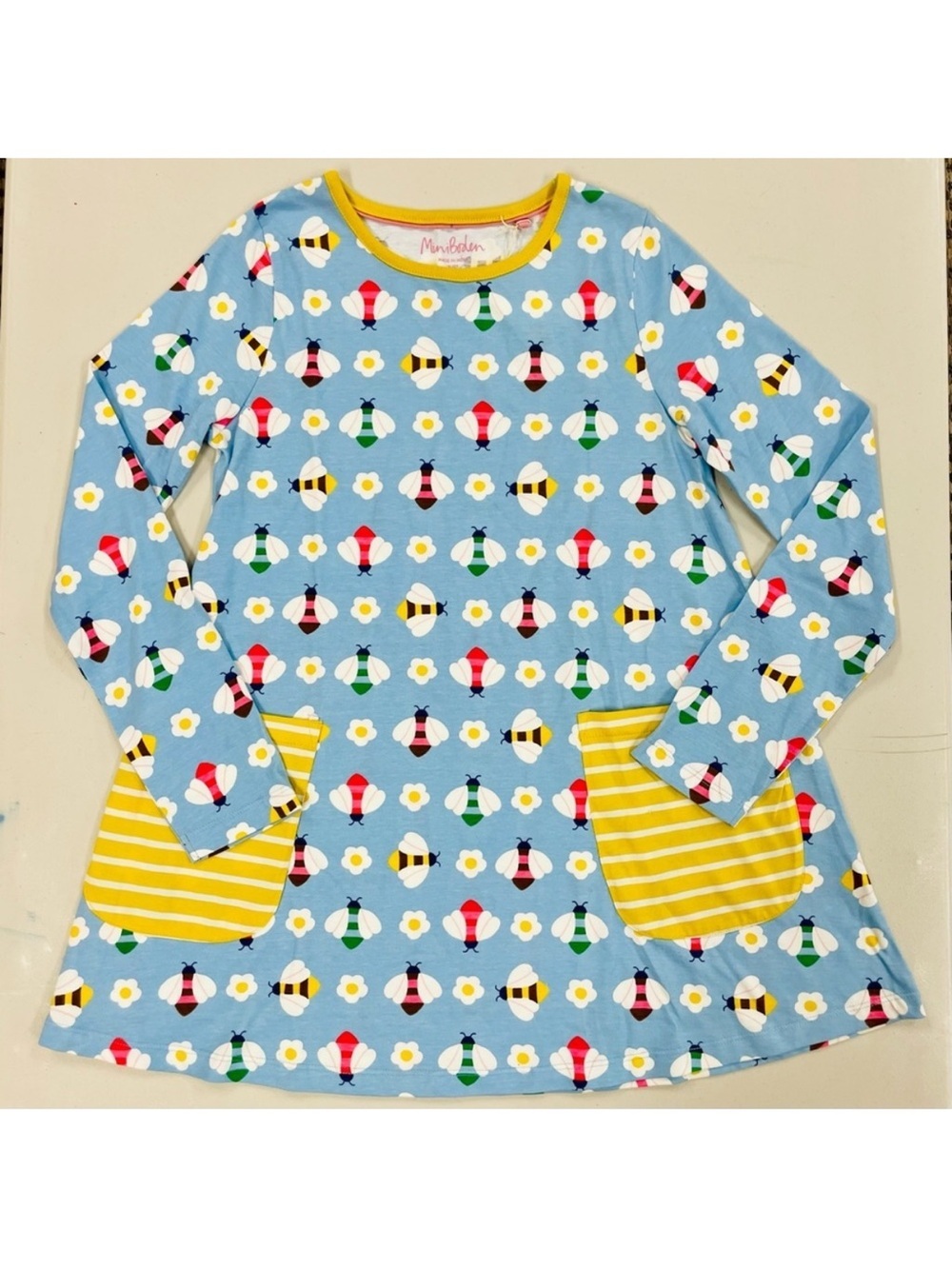 New Mini Boden Tunic Dress Girls 11-12 Y Printed Jersey Pockets Blue Geo Bees